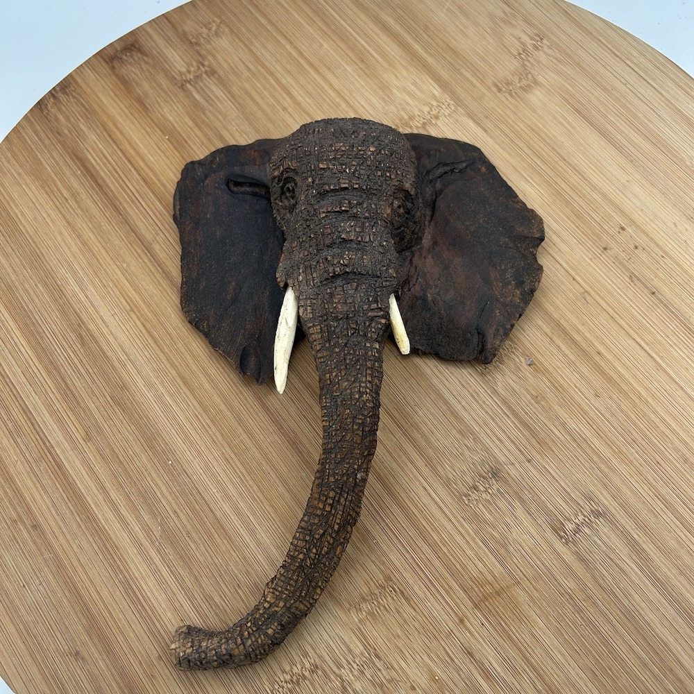 Vintage Hand Carved Wooden Elephant Head Wall Decor. Gorgeous Details